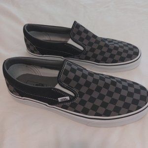 Men's Back and Grey checkered Vans slip ons size 11